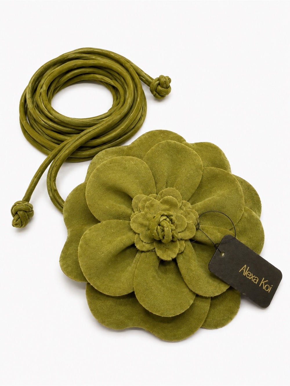 Alexa Koi Faux Suede Light Olive 3D Flower Wrap Belt – 86” Boho Statement Belt